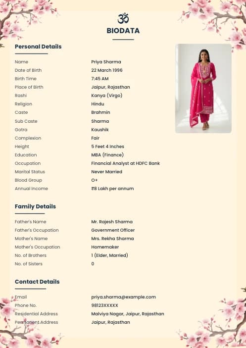 Traditional Marriage Biodata Format Traditional Indian marriage biodata format with cultural elements - Free PDF