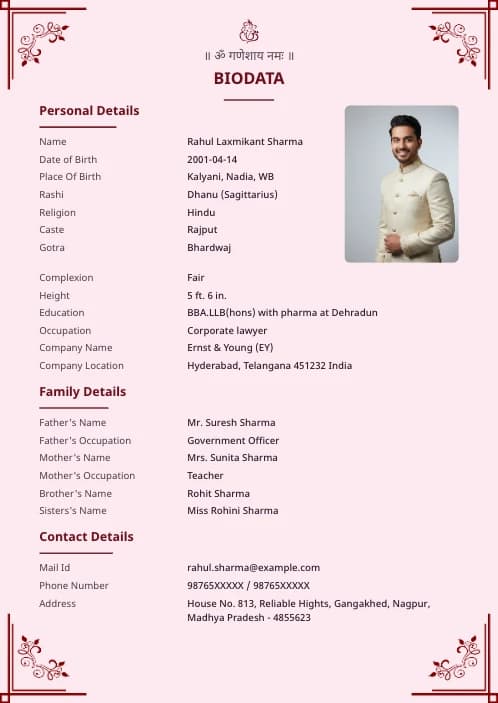 Modern Marriage Biodata Template Modern Hindu marriage biodata template with elegant design - Free download